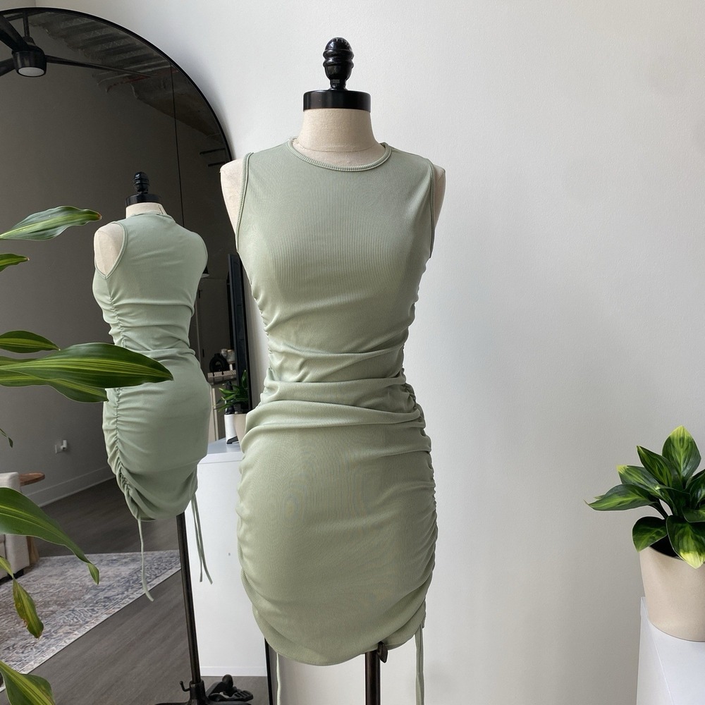 PrettyLittleThing Light Green Ribbed Ruched Bodycon  Dress Size 8 Summer